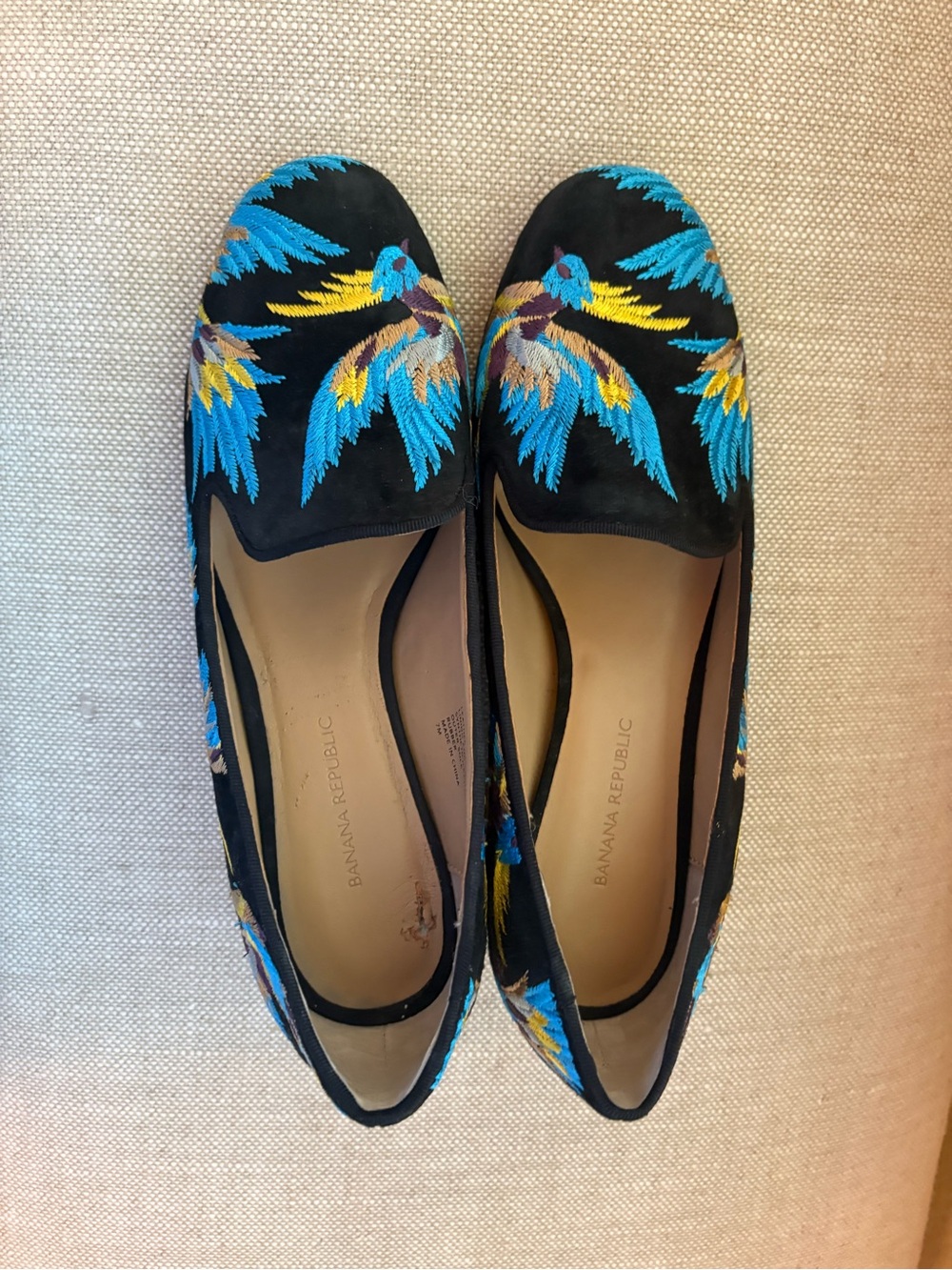 Banana Republic Black Suede Block Heel Loafers with Blue & Yellow Embroidery - Picture 2 of 4
